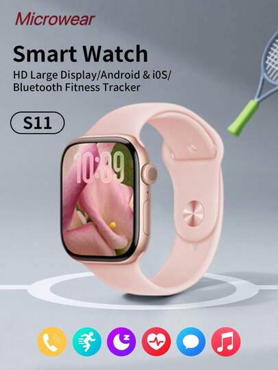 Microwear 2.06" HD Touch Screen Unisex Smart Watch, Compatible With Android/IOS, Bluetooth Call, 24Hr Heart Rate/Sleep Monitoring, Pedometer, Comes With Pink Sport Silicone Band