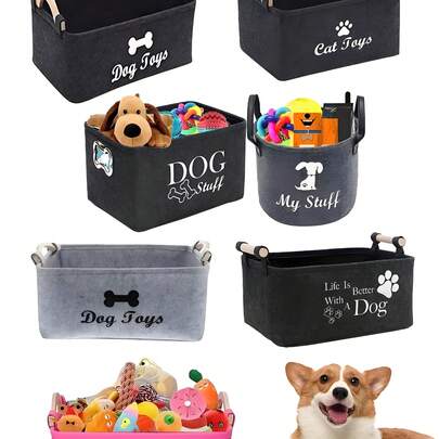 Classic Black Felt Dog Toy Storage Basket With Wooden Handle - Durable, Pet Toy Organizer Basket, Suitable For Home And Under Bed, Large Capacity, Toy Storage Box, Open Storage Box, Home Organization Helper, Christmas And Halloween Pet Gift