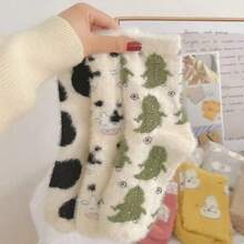 Niedliche Kuh gemusterte Plüsch Rundhals Socken, dick und warm Korallen Fleece Socken, Damen Seide Strümpfe und Socken, weich und bequem, geeignet für den täglichen Gebrauch, Weihnachten, Winterwärme Zuhause, Herbst- und Wintersocken, offene Socken, Herren mittellange enge Röhrensocken