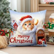 1 Stück Weihnachts-Kissen-Bezug mit Motiv von Weihnachtskatze, Weihnachtsbaum und Schneehäuschen, moderne Stoff-Plüsch-Muster Kissenhülle für Weihnachten, Wohnzimmer, Sofa, Heimdekoration, ohne Füllung
