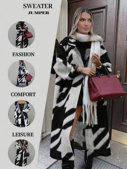 Cárdigan largo de punto de moda retro de otoño e invierno para mujer, contraste de color negro y blanco, patrón de jacquard de mil pájaros, diseño de solapa de patchwork, abrigo elegante y casual.