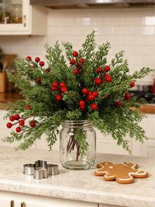 4/6/8 Peças Galhos de Pinheiro e Bagas de Azevinho Artificiais, Plantas Falsas, Adequadas para Decoração de Outono, Inverno, Natal, Presentes de Aniversário, Itens Essenciais para Feriados, Quarto, Sala, Decoração Doméstica, Decoração de Quarto de Natal, Presentes de Natal