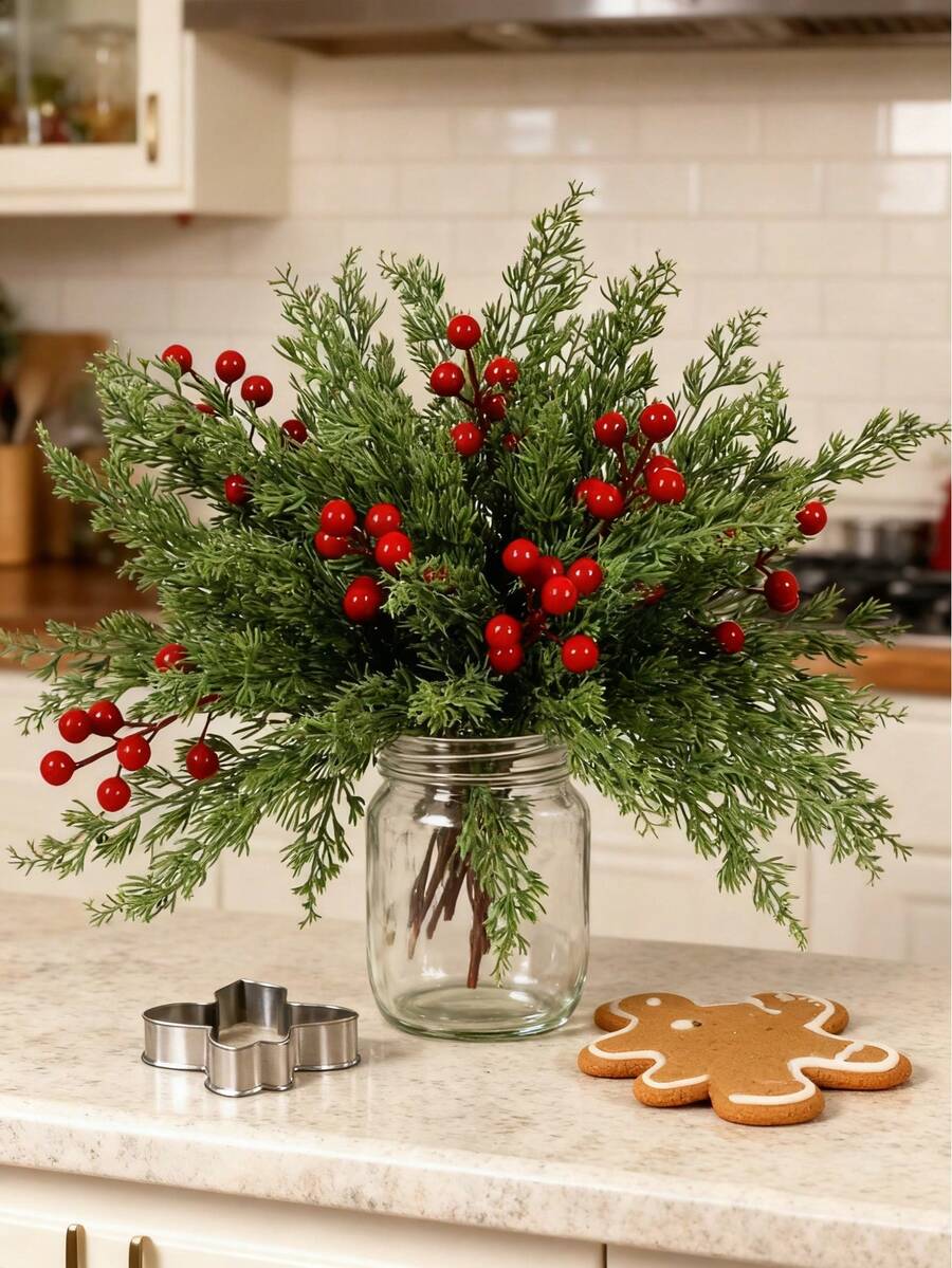 4/6/8 Peças Galhos de Pinheiro e Bagas de Azevinho Artificiais, Plantas Falsas, Adequadas para Decoração de Outono, Inverno, Natal, Presentes de Aniversário, Itens Essenciais para Feriados, Quarto, Sala, Decoração Doméstica, Decoração de Quarto de Natal, Presentes de Natal