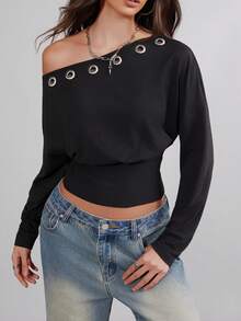 Bộ sưu tập thời trang nữ Xuân/Hè Ella Vee, Áo nữ đen lệch vai; Áo sơ mi lệch vai bất đối xứng; Áo thun đính khuy kim loại; Áo dáng rộng thắt eo; Trang phục dự tiệc cá tính; Trang phục Valentine/Năm mới. - màu đen - Xem 5