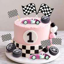 LaVenty Race Car Cake Decorations Car Cake Topper Checkered Flag Cake Topper Growing Up Two Fast Birthday DecorFast One Fast Three Need Four Speed Birthday Decorations - Multicolor - View 5