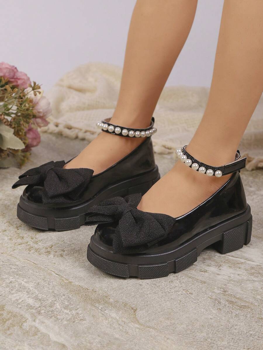 1 Pair Girls' Spring/Autumn New Leather Boots, Butterfly & Pearl Decor, Simple Sweet Princess Shoes, Soft Bottom Comfortable Flat Student Shoes, Girls' Loafers Suitable For Outdoor, Party, Ball - Black - View 1