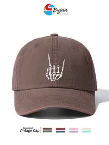 1 PC Skull Rock Gesture Embroidered Adjustable Baseball Cap, Unisex Summer Outdoor Casual Sun Protection Hat, Halloween Street Style, Punk Street Style