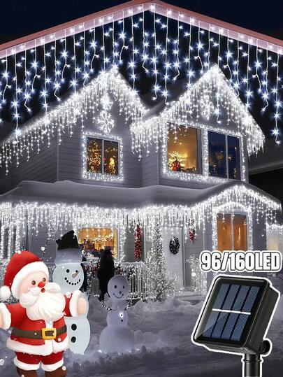 1条太阳能窗帘灯串，冰柱仙女灯串，适用于室内/室外装饰 - 3.5米96颗LED灯/7米160颗LED灯，带记忆功能的冰柱仙女灯，IP65防水，8种功能模式，适用于房屋、庭院、花园、露台、走廊等户外装饰 | 非常适合圣诞节、万圣节、感恩节装饰 - 理想之选（暖白/白/彩色）