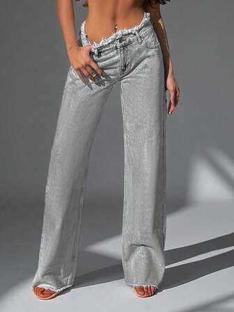 Women's Casual Loose Fit Frayed Waistband Wide Leg Jeans, Fashionable & Slimming, Suitable For Spring & Autumn