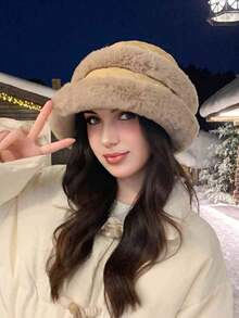 1pc Fleece Patchwork Bucket Hat, Warm Thick Windproof Earflap Beanie Suitable For Autumn And Winter Everyday Use Winter Outfits