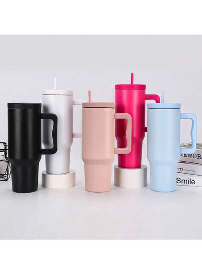 1PC 40oz Large Capacity Stainless Steel Car Cup With Handle, Ice Cream Cup, Insulated Cup, Dust-Proof Cover, Reusable, Portable, With Straw In Car, Suitable For Outdoor Travel, Camping, Picnicking, Office, Home