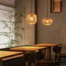 Lámpara colgante de estilo retro para mesa de comedor - Φ21 Lámpara colgante individual de ratán bohemio con casquillo E27, diseño vintage para comedor, dormitorio, sala de estar, pasillo, cocina / Bombilla no incluida