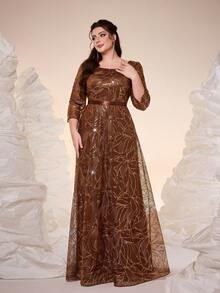 Mgiacy New Arrival Round Neck Plus Size Evening Gown Dress Sequin Contrast Lace Belt Mgiacy-Classy A-Line Dress - Brown - View 1
