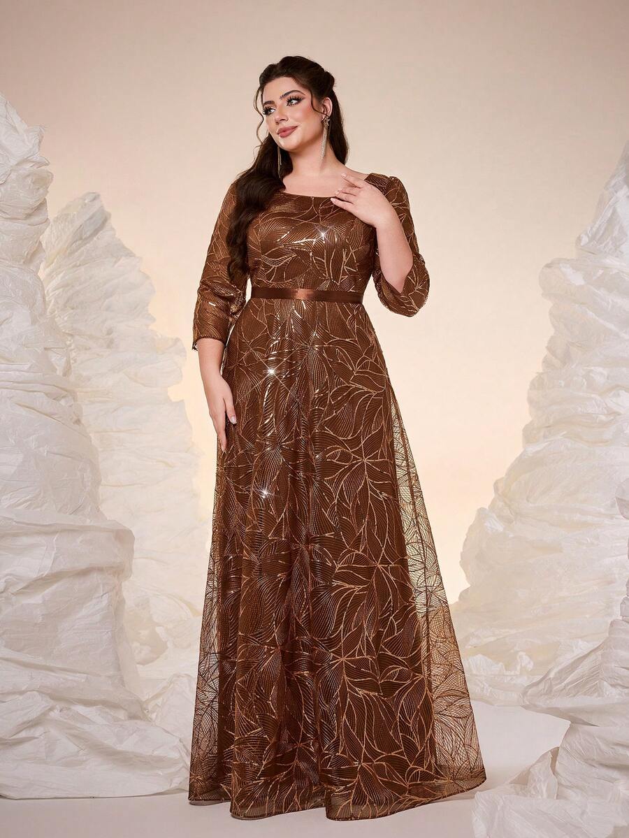 Mgiacy New Arrival Round Neck Plus Size Evening Gown Dress Sequin Contrast Lace Belt Mgiacy-Classy A-Line Dress - Brown - View 1