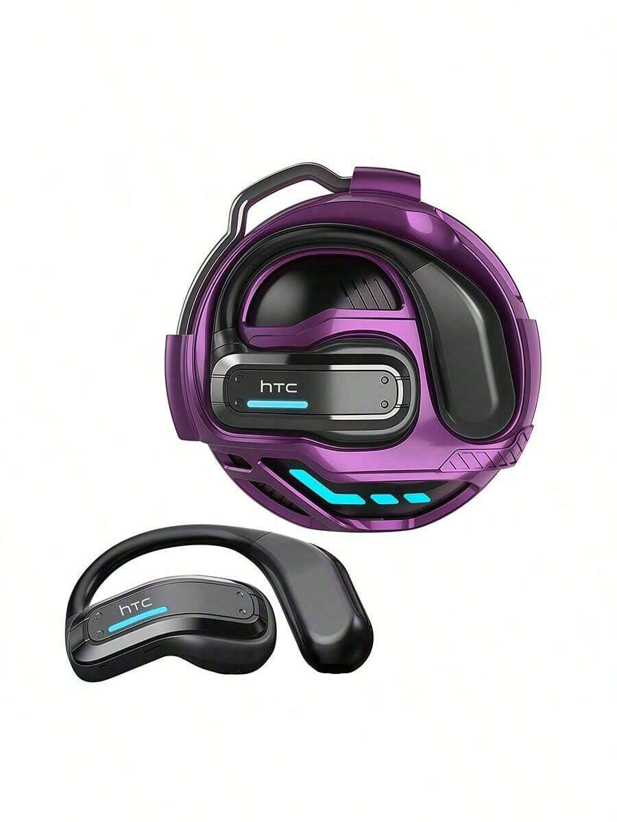 HTC Auriculares Bluetooth NE02 cómodos y estables con ganchos de silicona líquida, cable de memoria de níquel-titanio, tecnología de transmisión de sonido direccional y altavoz con revestimiento de película compuesta de titanio, color morado. - Morado - Ver 1