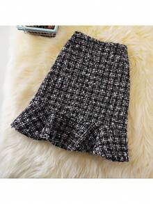 格子亮面优雅纽扣前开襟美人鱼裙摆 - 黑 - 查看 4