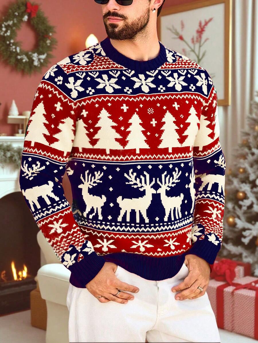 圣诞新款男士毛衣秋冬新款圆领针织毛衣圣诞节必备圣诞秋冬毛衣 - 寶藍色 - 查看 1