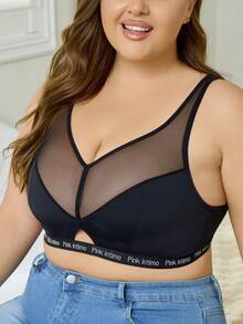 Comfy Plus Size BLACK Bra In Mesh Material With Supportive Design,Plus Size Wireless Curve Bralette, Minimalist Style, BLACK See Through Bralette Mesh Bra - Black - View 6