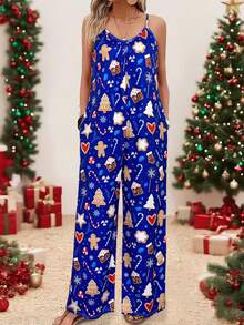 Women's Christmas Gingerbread Print Spaghetti Strap Jumpsuit, Festive Christmas Cookie Fashion Gingerbread Print Clothing, Ideal For Holiday Parties & Casual, Must - Have Winter Outfit, Stylish Xmas Clothes,Fashion Christmas Clothes ,Casual Fall Women Clothes