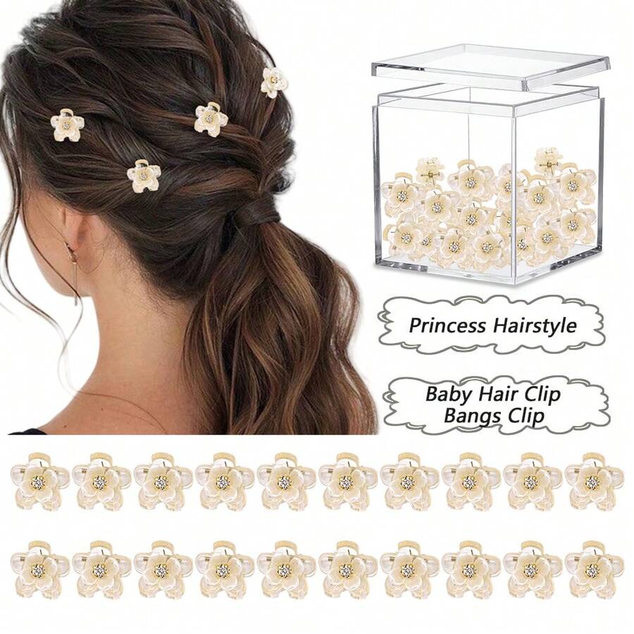 20pcs Crystal Camellia Mini Hair Clips, Everyday Bangs Clips, Princess Decor Hairpins, Suitable For Commute, Party, Gift, Sweet Mori Style, Minimalist Fashion Hair Accessories Fashion Claw Clips Winter Hair Clutch