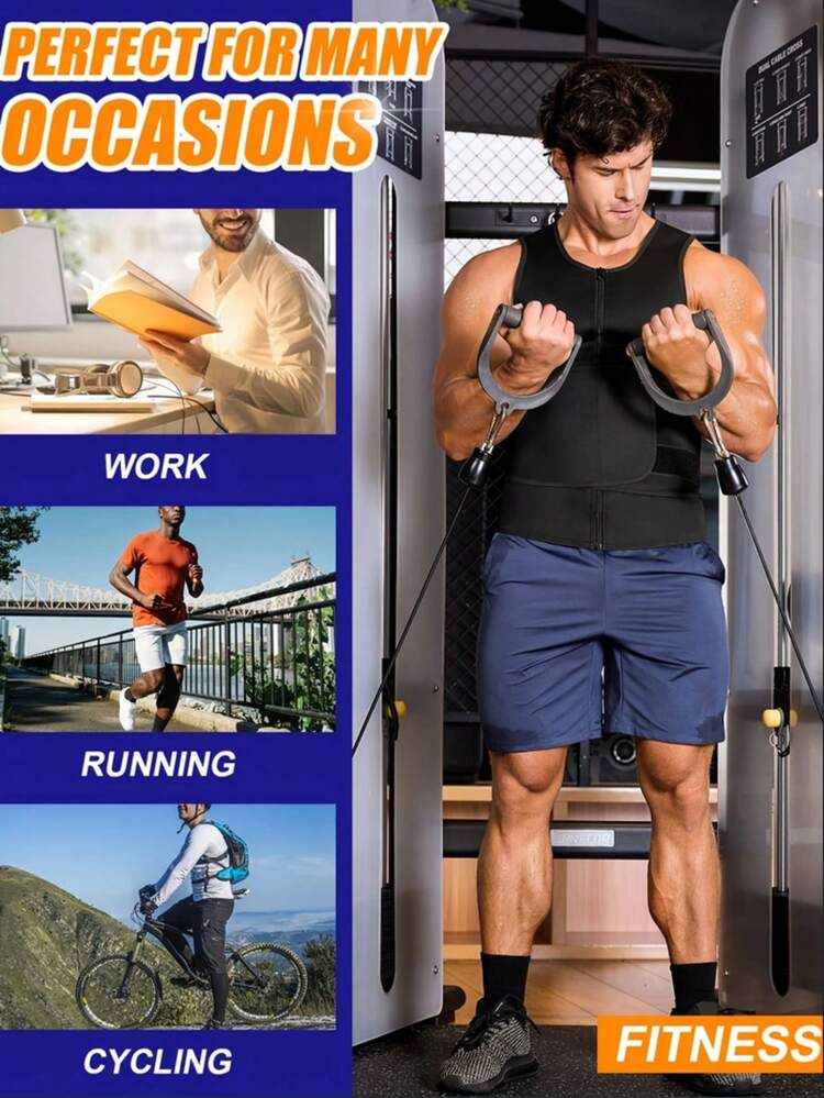 Men 2 In 1 Sauna Suit Waist Trainer Sauna Sweat Shirt Band Fat Burner Tummy Control Tank Tops Weight Loss Body Shaper Zipper Vest - 黑色 - 查看 5