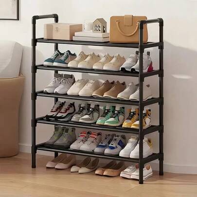 Hanger Organizer With Shoe Rack, RV, With 5 Layers Of Shelves, Detachable Hooks, Independent Clothing And Shoe Rack, Suitable For Front Door Entrance, Used For Storing Clothes, Shoes, Hats, Bags, Umbrellas