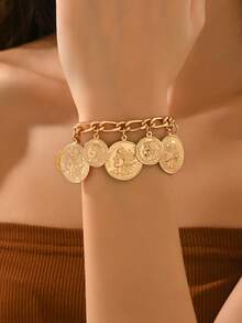 1pc Fashionable Minimalist Vintage Portrait Coin Badge Charm Chain Women Bracelet, Suitable For Casual, Holiday, Date, Gift, Party