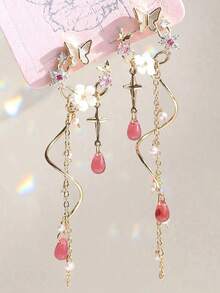 2pcs Lightweight Luxury Spring/Summer Colorful Tassel Butterfly Print Earrings, Suitable For Women Daily, Vacation, Party, Gathering - Nhiều màu 2 - Xem 1