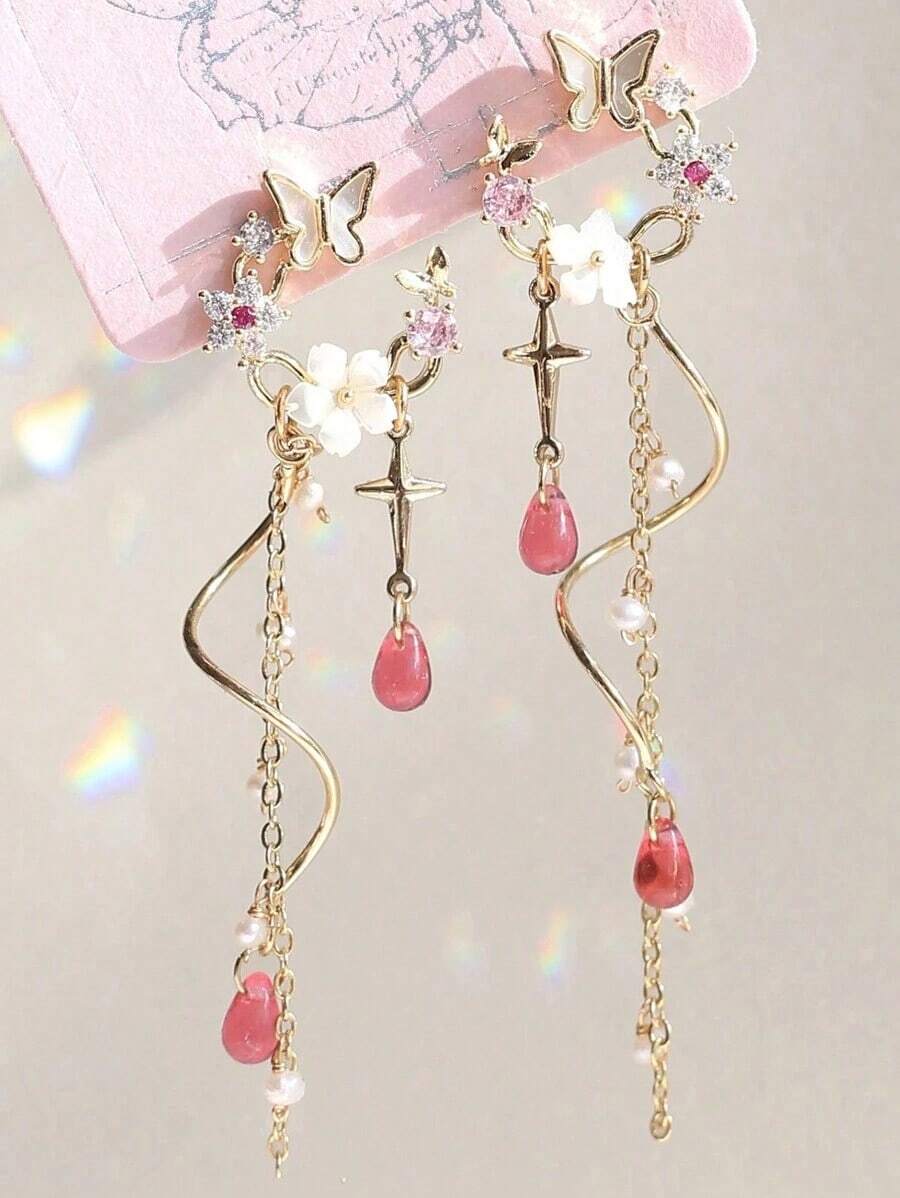 2pcs Lightweight Luxury Spring/Summer Colorful Tassel Butterfly Print Earrings, Suitable For Women Daily, Vacation, Party, Gathering - Nhiều màu 2 - Xem 1