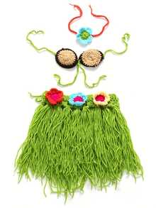 新生儿摄影道具，彩色草裙套装，适合女宝宝，沙滩比基尼套装，新生儿摄影服装，完美适用于新生儿100天摄影配件 - 綠色 - 查看 3