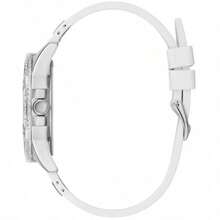 Guess Frontier W1160L1 Lady's Casual Luxury Silicone Strap Quartz Watch Gold Tone Round Dial With Crystal Day / Date Calendar Fashion Wrist Watch For Women Suitable For Daily Dinner Dating Wear Birthday Gift For Girlfriend