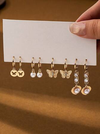 4 Pairs Fashion Simple Elegant Faux Pearl Butterfly Pendant Earrings Set, Suitable For Women's Daily Wear