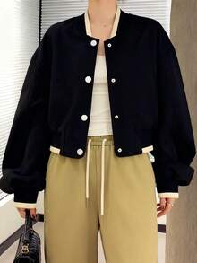 Chaqueta de béisbol High Street: chaqueta individualista y moderna con estampado de inspiración coreana y estilo universitario femenino Cazadoras para Mujer - Negro - Ver 2