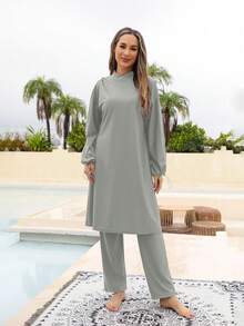 VFJ Burkini Muslim Swimsuits For Women Modest Islamic Swimwear Long Sleeve Full Cover 3PCS Set Beachwear With Cap - Grey - View 7