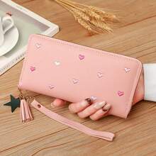 Women's Fringe Long Wallet Cute Coin Purse Zipper Credit Card Holder Fashionable And Simple Heart Embroidery Wallet Gift Gift Present Heart Purse(Heart Pattern Random) For Women Wallet Purse Wallet Wristlet Wallet - Baby Pink - View 6