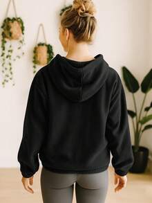 Women's Autumn/Winter Casual Pullover Sweatshirt, Loose Fit Long Sleeve Top, Minimalist Design, Fleece Hooded, Suitable For Gym, Running, Commuting And Daily Wear - Black - View 3