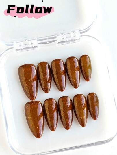 10pcs Glossy Gold Brown Long Almond Handmade Press-On Nails,Upgrade Your Look,Gorgeous And Cute Nail Art,Nail Supplies,Simple Full Coverage Nails Suitable For Women's Fall And Winter Parties,Festival, Dances, Daily Casual Wear