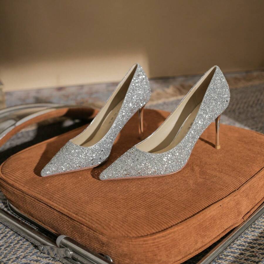 8819 French Pointed Toe High Heels Women New Crystal Glitter Wedding Shoes Silver Bridesmaid Shoes Stiletto Pumps Elegant Evening Party Dress Shoes For Women - 銀色[8cm] - 查看 1