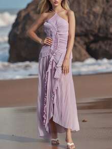 Women Ruffle Pleated Long Dress Sleeveless Halter Irregular Tiered Pleated Flowy Chiffon Dresses For Wedding Guest Cocktail Party - 紫色 - 查看 4