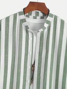Fashionable Striped Men's Shirt, Summer Casual Long Sleeve Button-Up Collared Shirt, Versatile For Dates, Beach, Vacation - Gray green - View 4