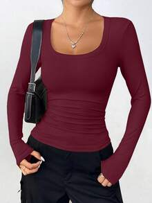 PRETTYGARDEN Women Spring And Fall Long Sleeve Shirts Clothes Cute Going Out Tops Ribbed Tight Fitted Plain Basic Tee Tshirts Vacation Outfits For Women - 酒紅色 - 查看 1