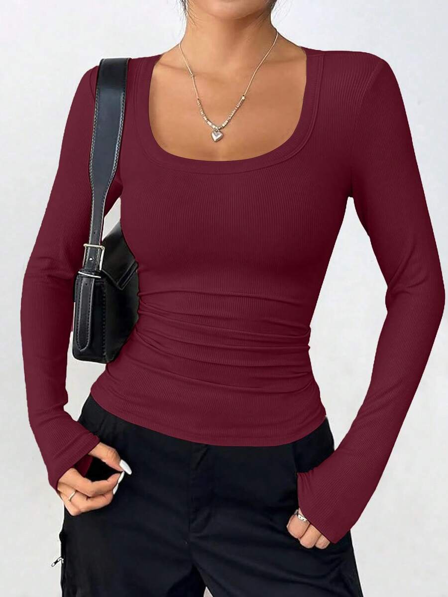 PRETTYGARDEN Women Spring And Fall Long Sleeve Shirts Clothes Cute Going Out Tops Ribbed Tight Fitted Plain Basic Tee Tshirts Vacation Outfits For Women - 酒紅色 - 查看 1
