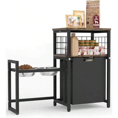 30.6Long X 26.2 High Elevated Dog Bowl Stand With Pet Food Storage Organizer Adjustable Raised Feeding Station With Toy Basket For Large Medium Small Dogs And Cats Black