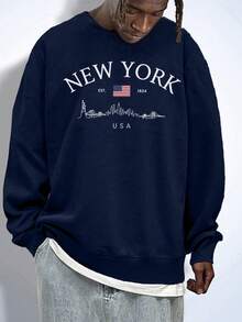 Men's Casual Street Versatile New York English Element Print Crew Neck Pullover Sweatshirt