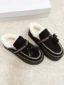 Zapatos planos de nieve para mujer, botines con pantuflas suaves y acogedoras con forro y cuello de peluche esponjoso, suela gruesa antideslizante, calzado de invierno con diseño moderno para interiores y exteriores - Negro - Ver 5