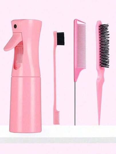 4pcs Spray Bottle And Hairbrush Set, 1 Spray Bottle + 1 Pointy Tail Comb + 1 Eyebrow Brush + 1 Fluffy Comb, Hair Brush For Boys And Girls, Comb Brush For Wet And Dry Curls, Parting Brush, Brush For Coarse And Fine Hair Treatment, Makeup, Black Five Set, Christmas Set Back-To-School Season
