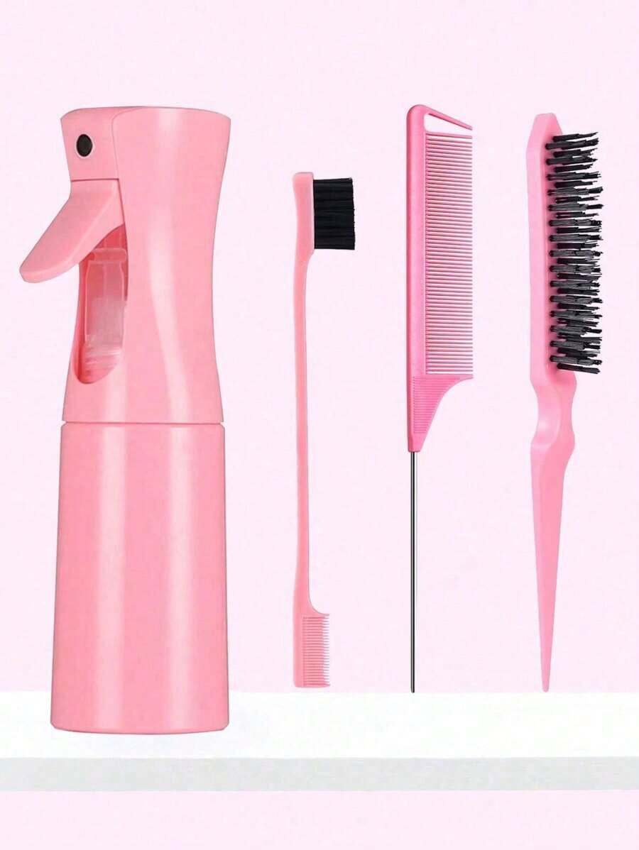 4pcs Spray Bottle And Hairbrush Set, 1 Spray Bottle + 1 Pointy Tail Comb + 1 Eyebrow Brush + 1 Fluffy Comb, Hair Brush For Boys And Girls, Comb Brush For Wet And Dry Curls, Parting Brush, Brush For Coarse And Fine Hair Treatment, Makeup, Black Five Set, Christmas Set Back-To-School Season - 彩色 - 查看 1