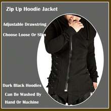 Sudadera con capucha de asesino para hombres, estilo gótico con cremallera asimétrica y cordones laterales, chaqueta con capucha de felpa para Halloween - Negro - Ver 8