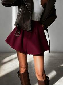 女士休闲纯色优雅通勤宽松A字口袋短裤，适合日常外出、轻社交聚会、度假旅行和居家休闲 - 酒紅色 - 查看 3