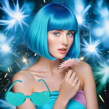 Vibrant Colorful Wigs&Heart-Shaped Sunglasses Set Express Unique Style With Collection Of Colorful Wigs In Shades Like Blonde Blue Purple Green Pink Orange Red Paired With Heart-Shaped Sunglasses In Matching Hues Perfect For Parties Cosplay - 藍色 - 查看 4